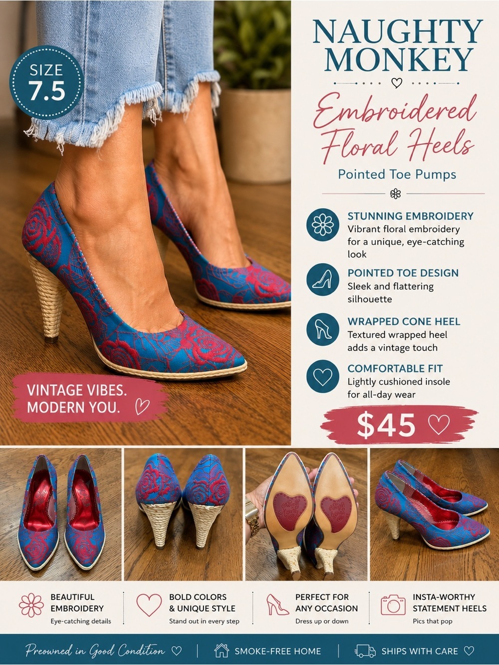naughty monkey Blue Red Floral Pointed Toe Women’s Statement Heels Size 7.5